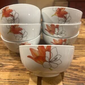 SET OF 7 Tabletops Gallery LILY Coupe Soup Cereal Bowls Red Flower Minimalst EX